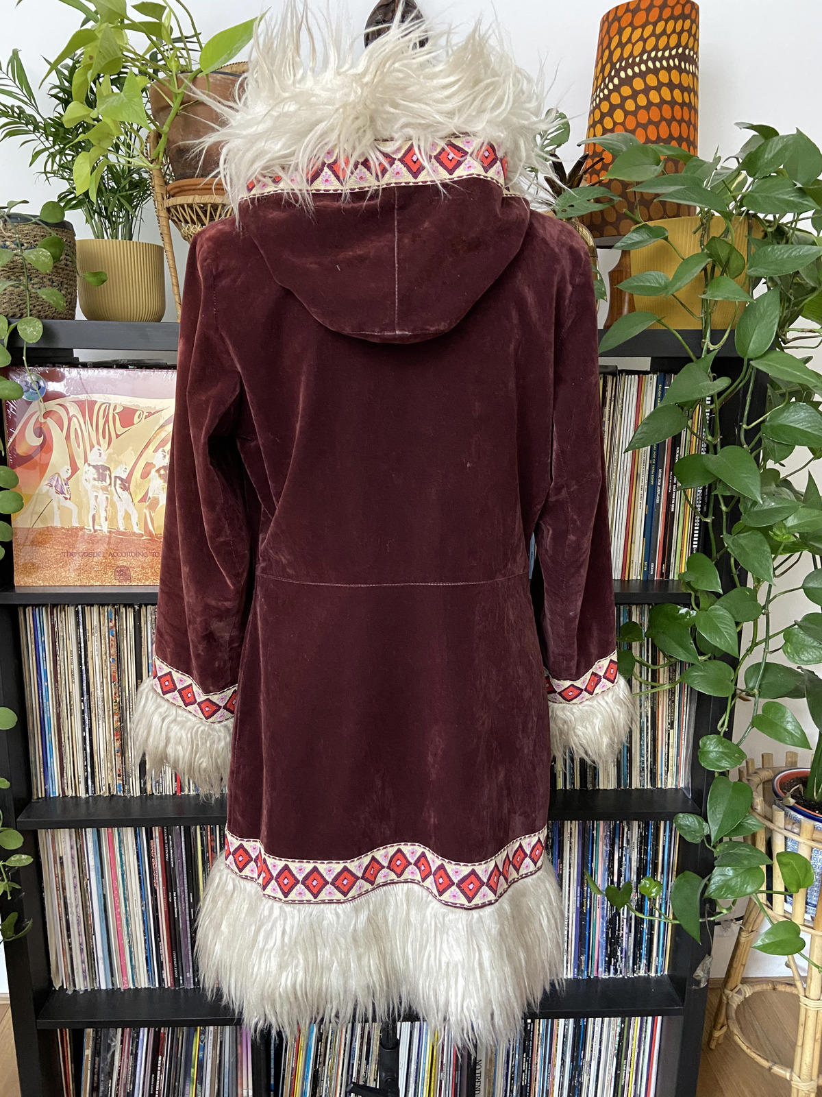 Vintage 1970s Burgundy Velvet Embroidered Trim Afghan Coat