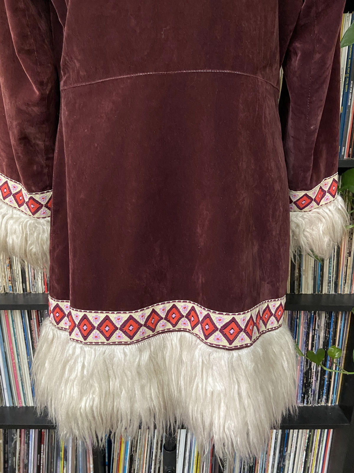 Vintage 1970s Burgundy Velvet Embroidered Trim Afghan Coat