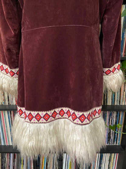 Vintage 1970s Burgundy Velvet Embroidered Trim Afghan Coat