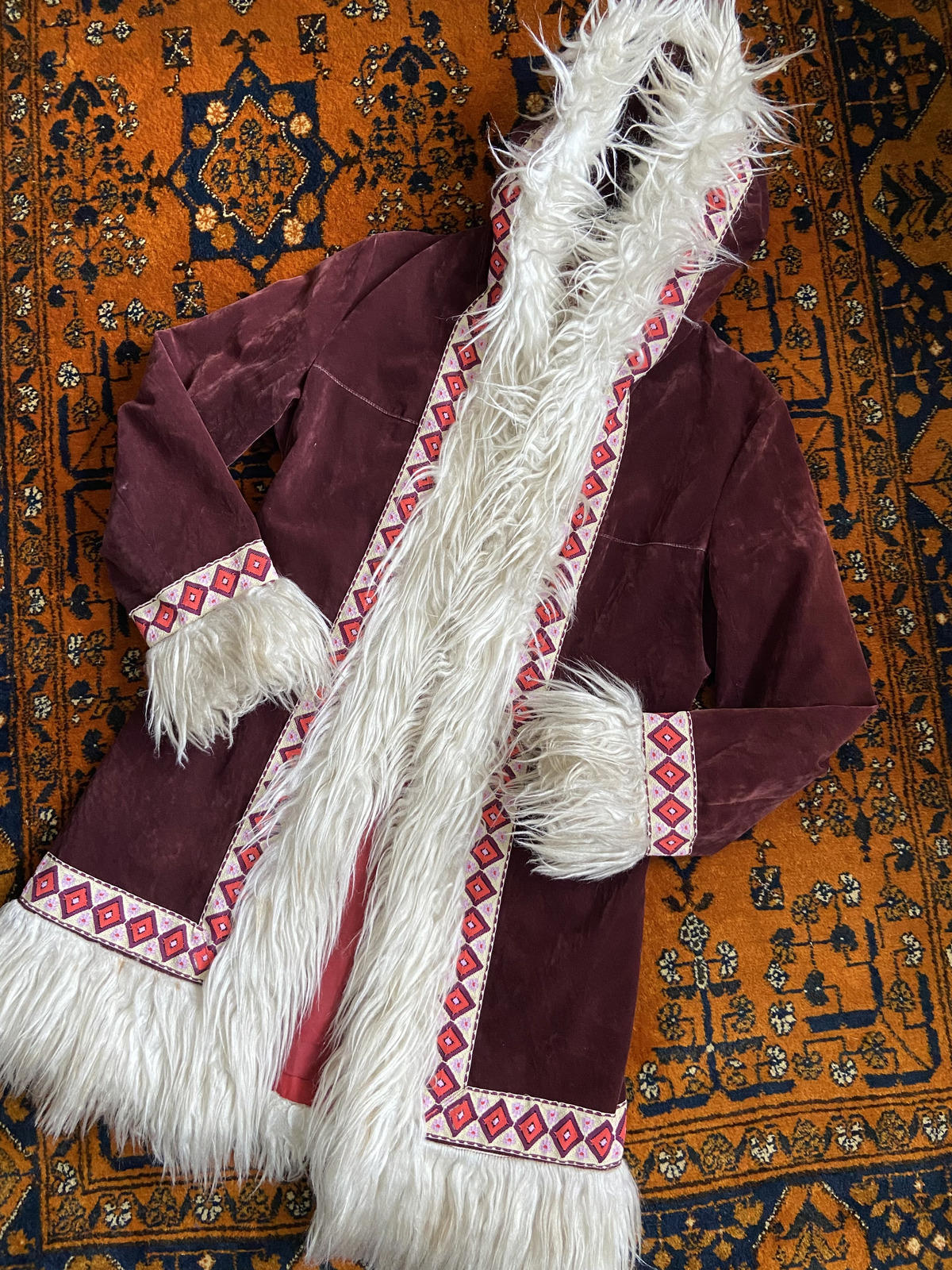 Vintage 1970s Burgundy Velvet Embroidered Trim Afghan Coat