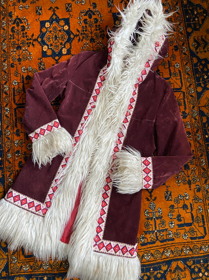 Vintage 1970s Burgundy Velvet Embroidered Trim Afghan Coat