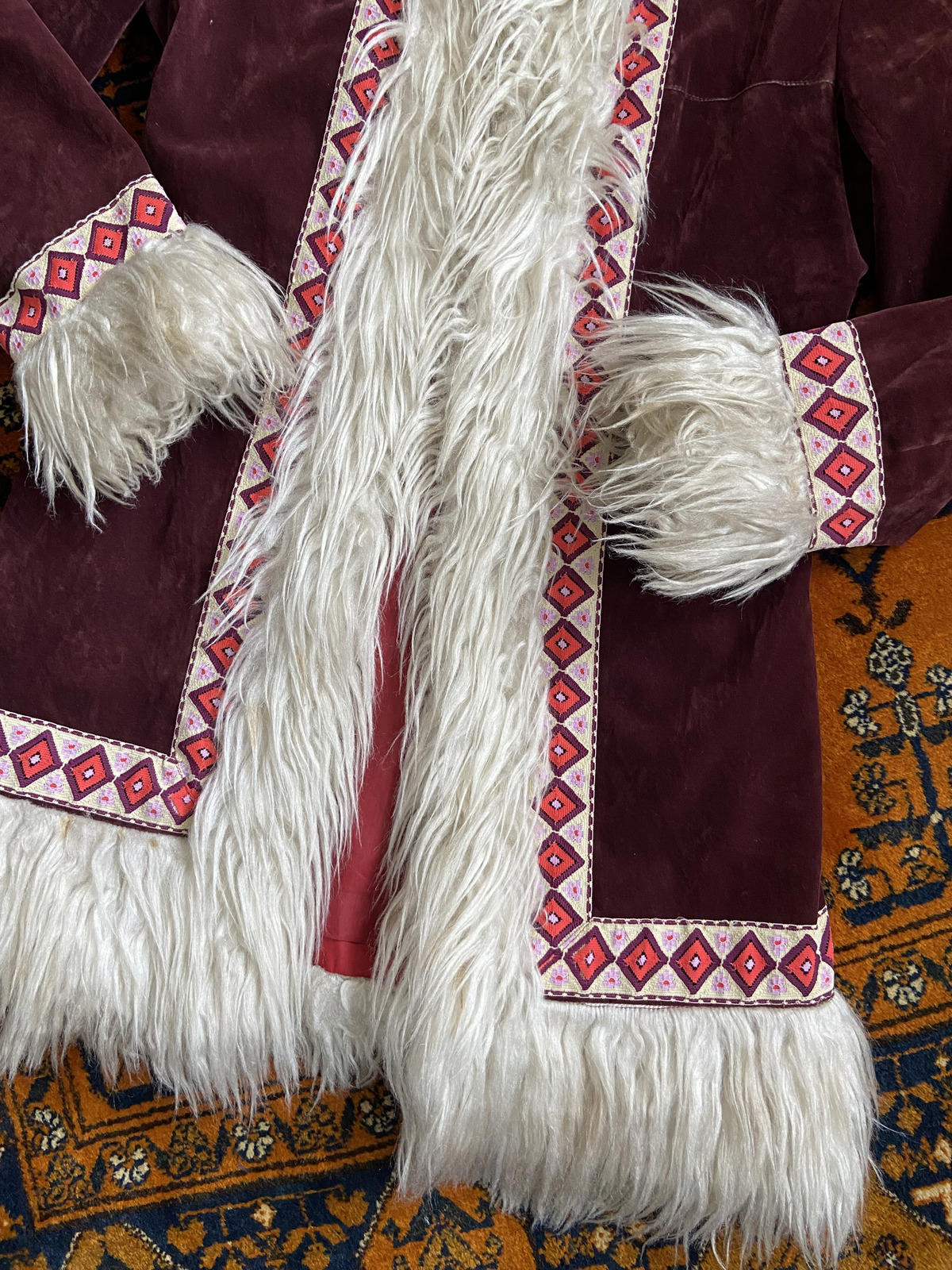 Vintage 1970s Burgundy Velvet Embroidered Trim Afghan Coat