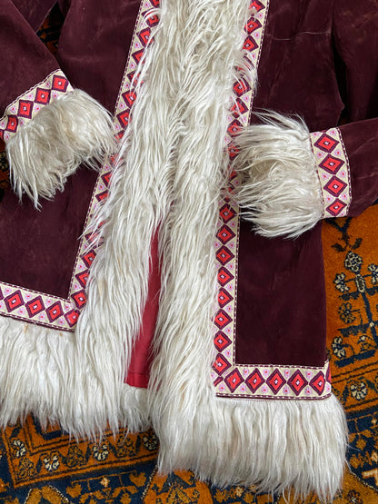Vintage 1970s Burgundy Velvet Embroidered Trim Afghan Coat