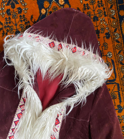 Vintage 1970s Burgundy Velvet Embroidered Trim Afghan Coat