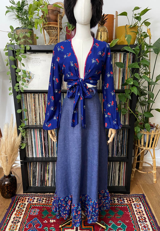 Vintage 1970s Denim Floral Prairie Maxi Skirt