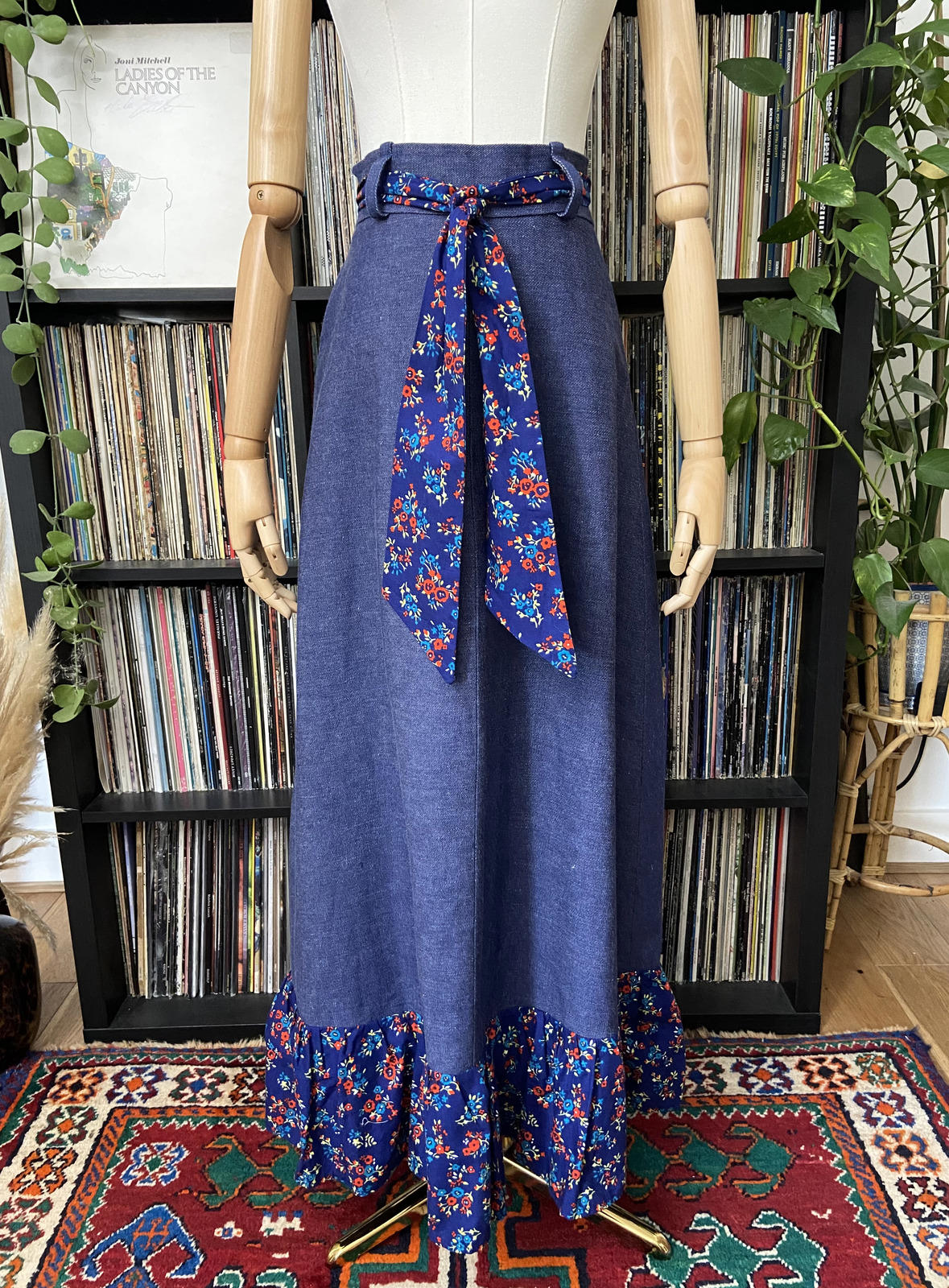 Vintage 1970s Denim Floral Prairie Maxi Skirt