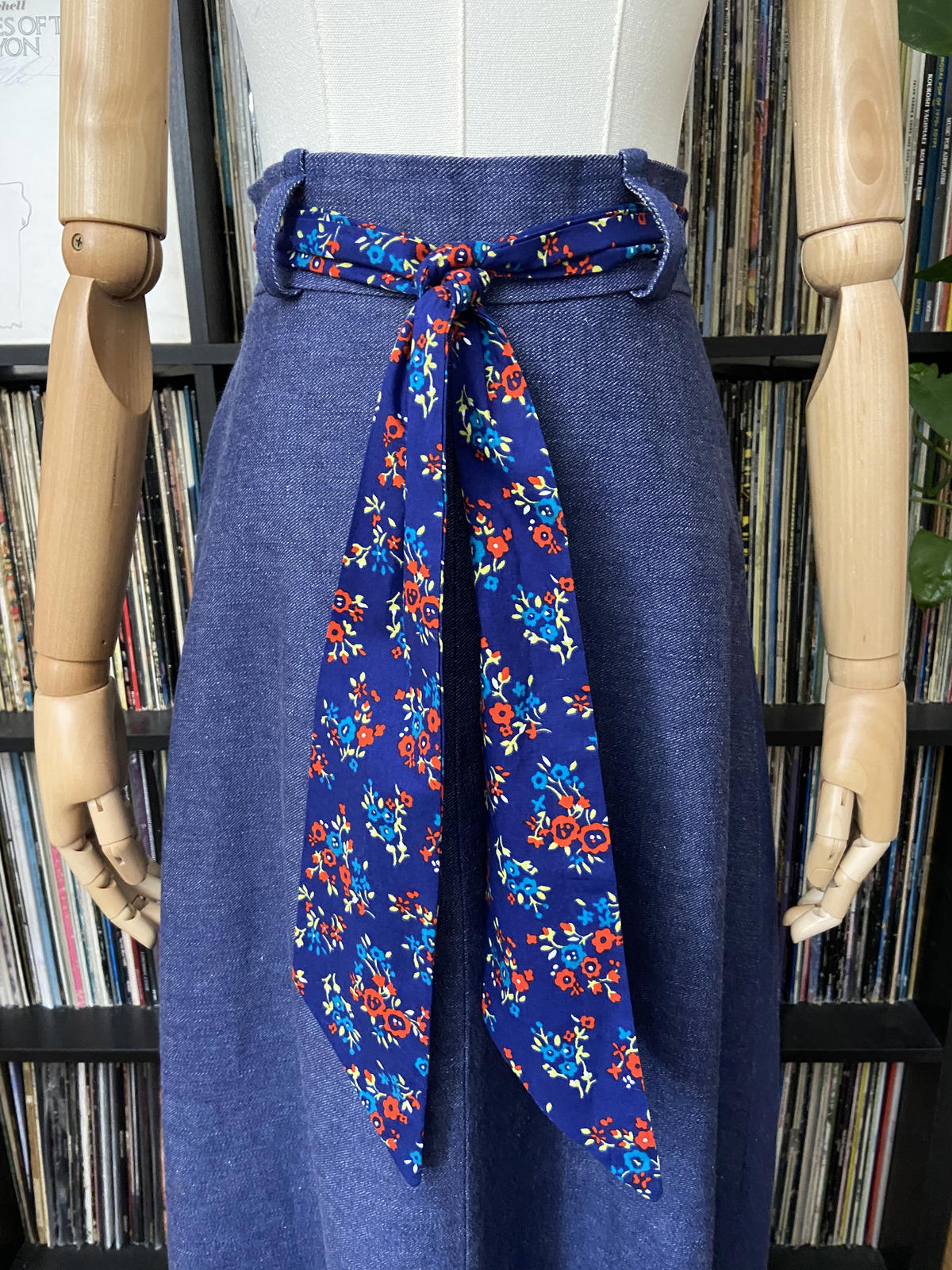 Vintage 1970s Denim Floral Prairie Maxi Skirt