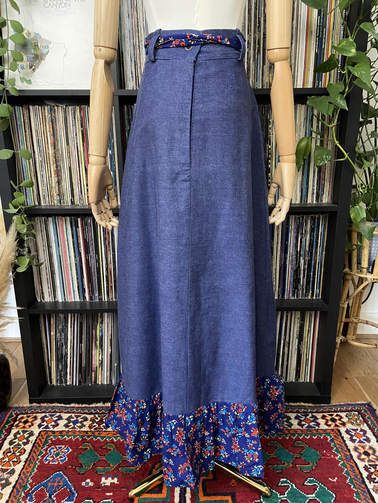 Vintage 1970s Denim Floral Prairie Maxi Skirt