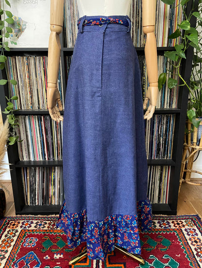 Vintage 1970s Denim Floral Prairie Maxi Skirt