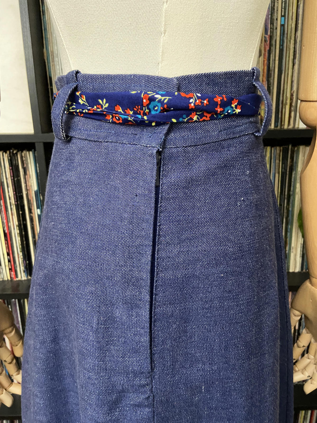 Vintage 1970s Denim Floral Prairie Maxi Skirt