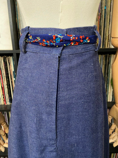 Vintage 1970s Denim Floral Prairie Maxi Skirt