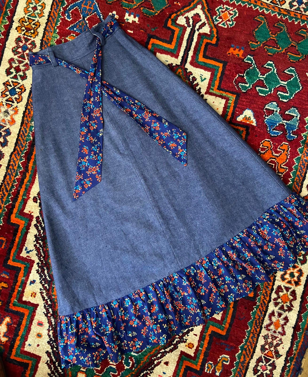 Vintage 1970s Denim Floral Prairie Maxi Skirt