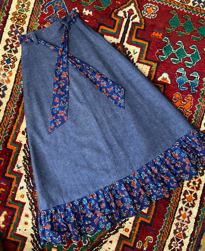 Vintage 1970s Denim Floral Prairie Maxi Skirt