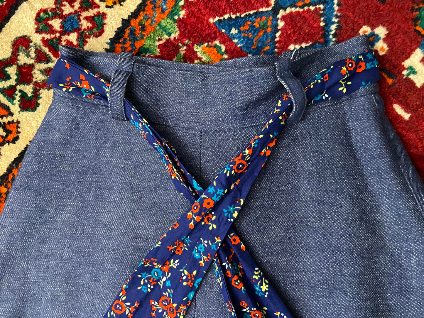 Vintage 1970s Denim Floral Prairie Maxi Skirt