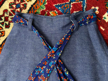 Vintage 1970s Denim Floral Prairie Maxi Skirt