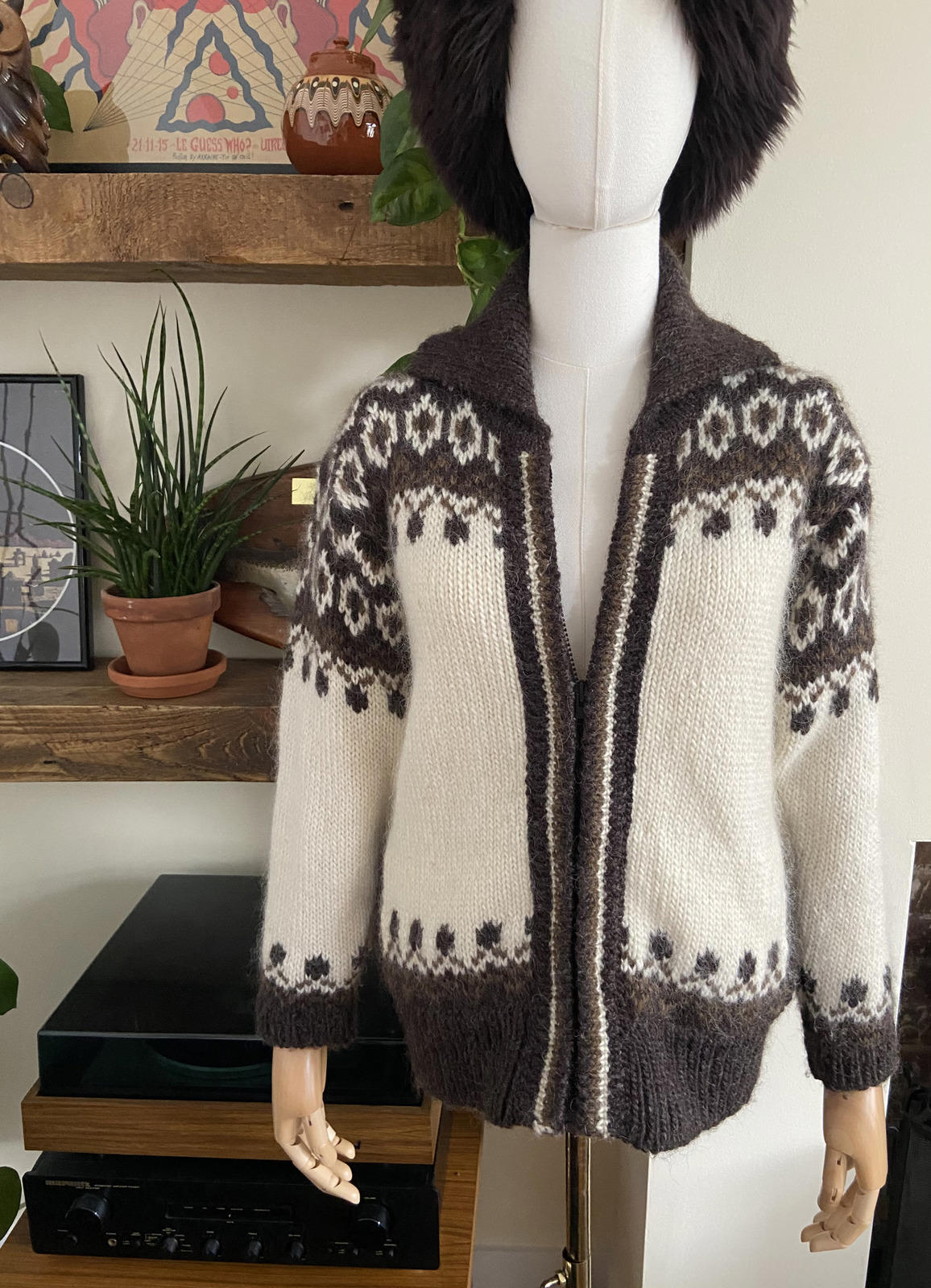 Vintage 1980s Cream Brown Nordic Cardigan