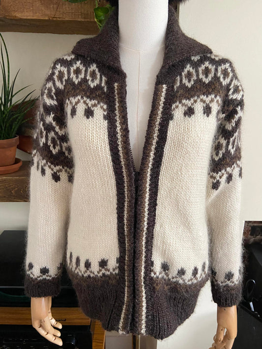 Vintage 1980s Cream Brown Nordic Cardigan