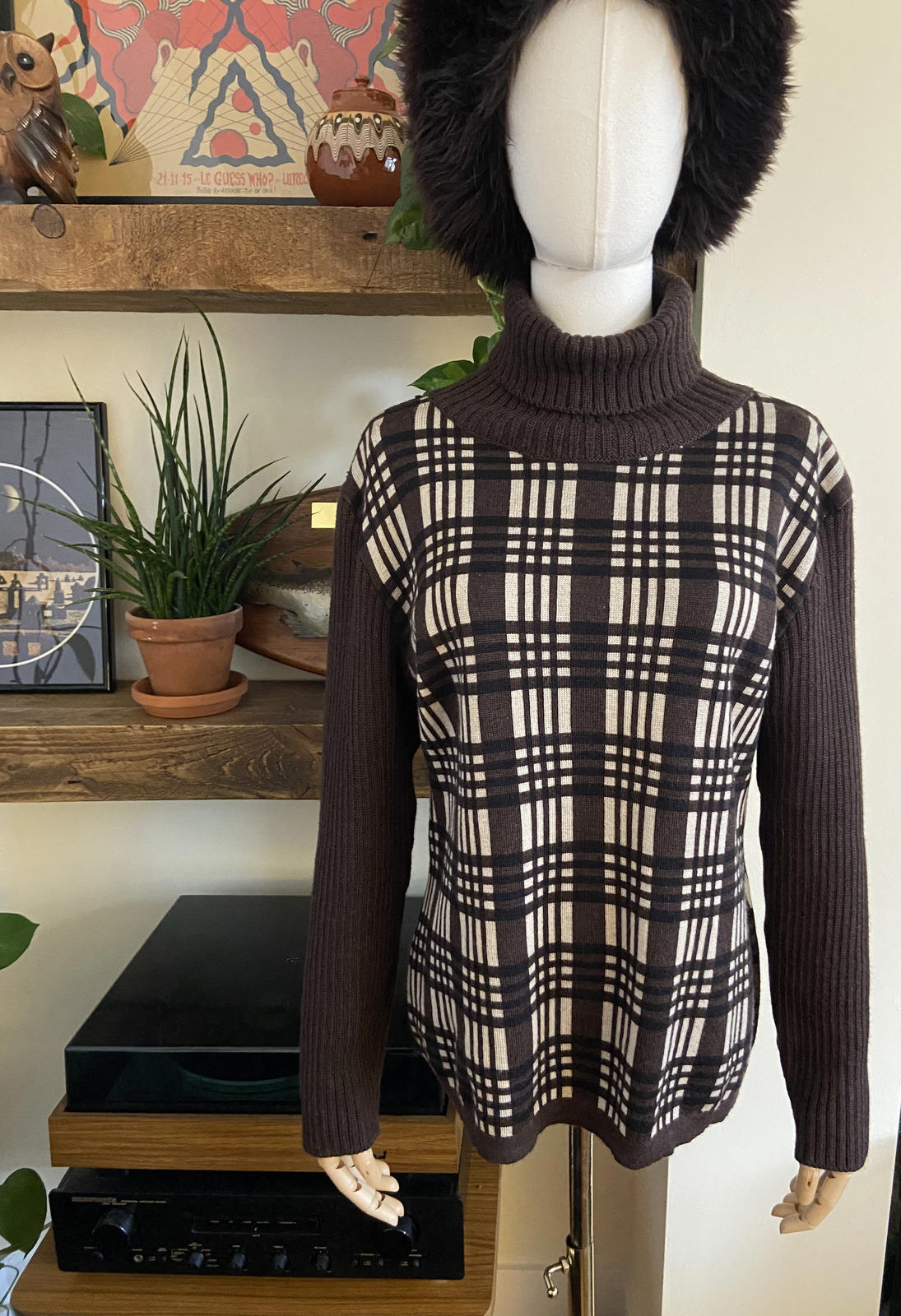 Vintage Italian Brown Check Turtleneck Jumper