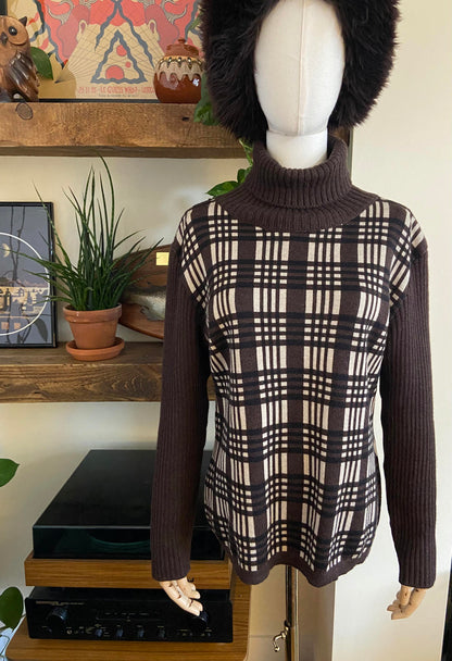 Vintage Italian Brown Check Turtleneck Jumper
