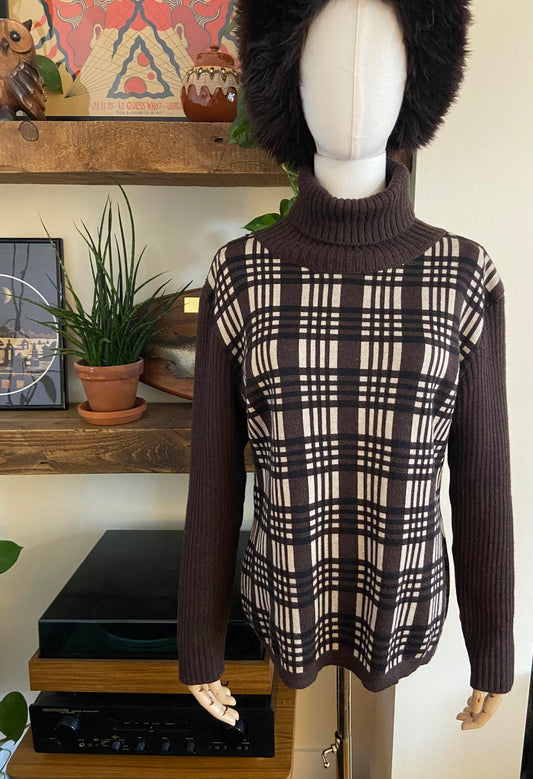 Vintage Italian Brown Check Turtleneck Jumper