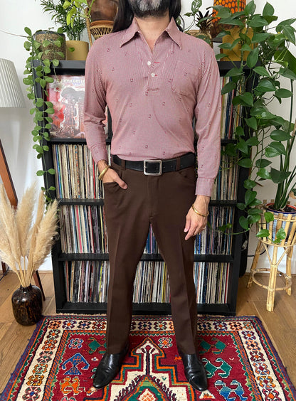 Vintage 1970s Japanese Burgundy Pattern Jersey Top