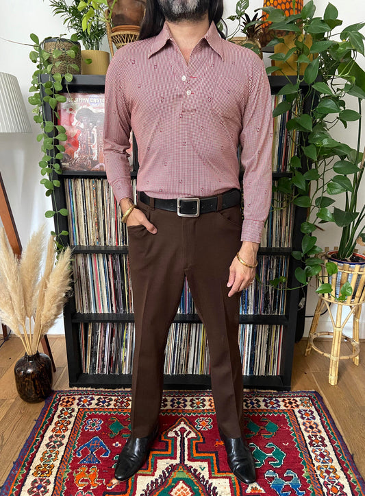 Vintage 1970s Japanese Burgundy Pattern Jersey Top