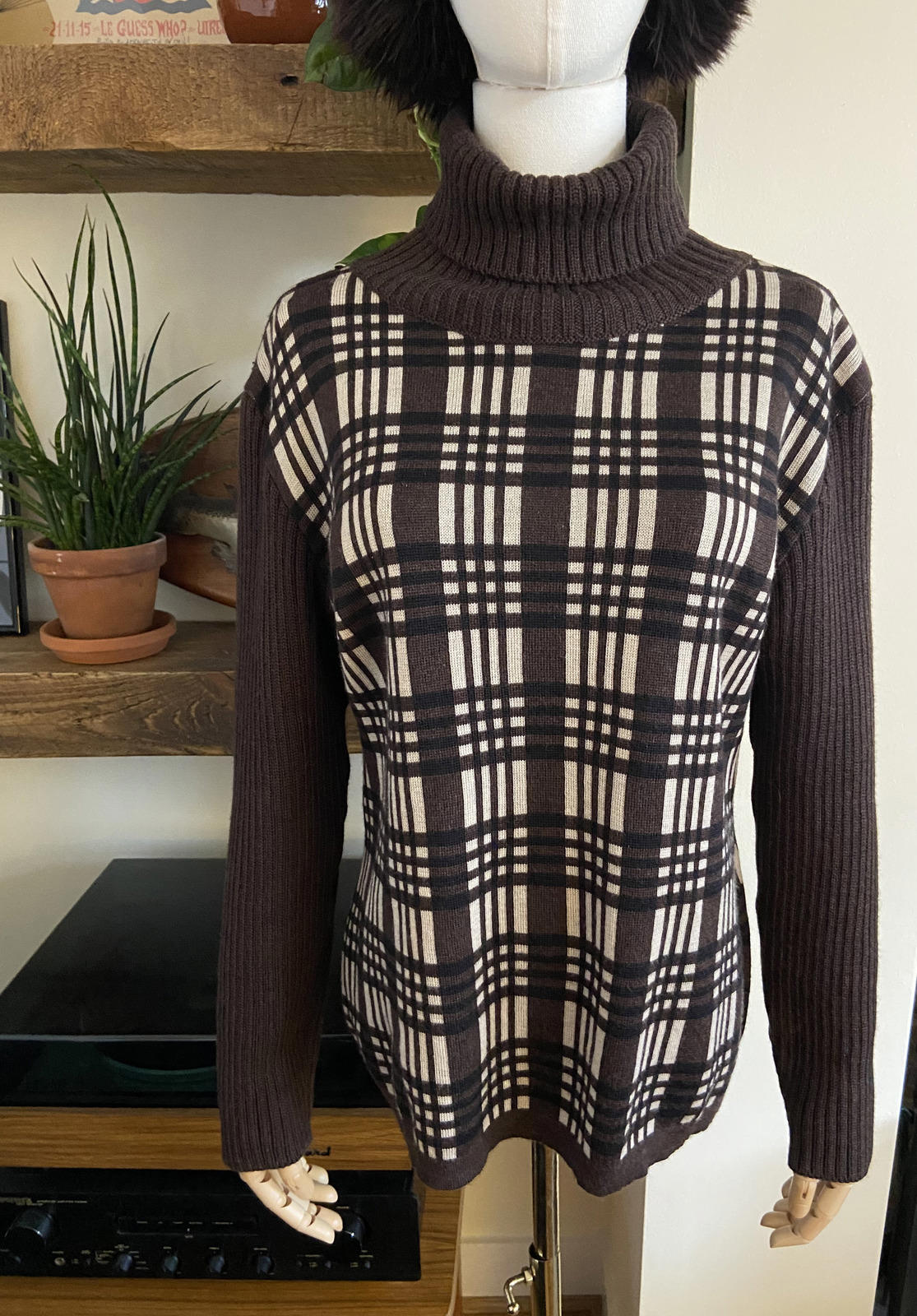 Vintage Italian Brown Check Turtleneck Jumper