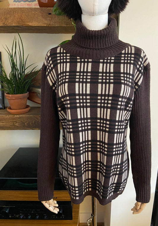 Vintage Italian Brown Check Turtleneck Jumper