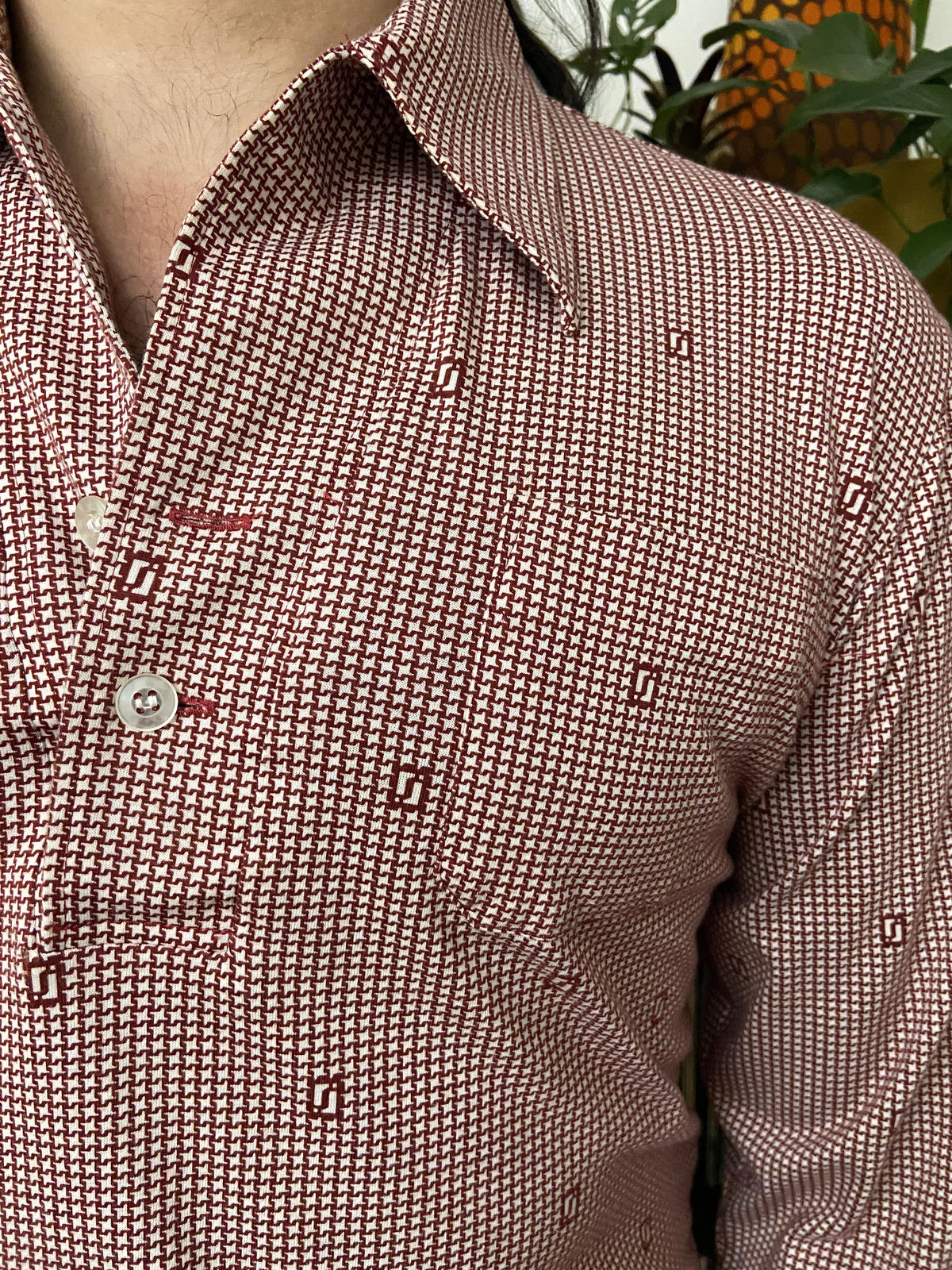 Vintage 1970s Japanese Burgundy Pattern Jersey Top