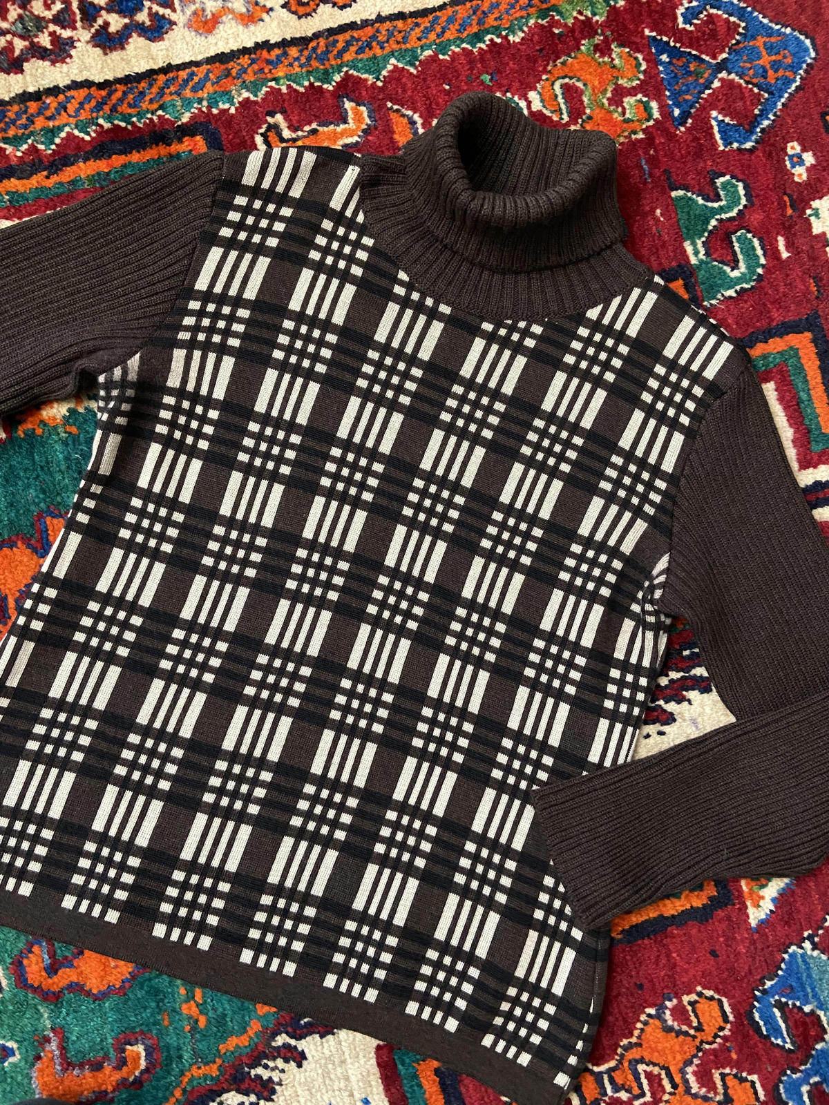 Vintage Italian Brown Check Turtleneck Jumper