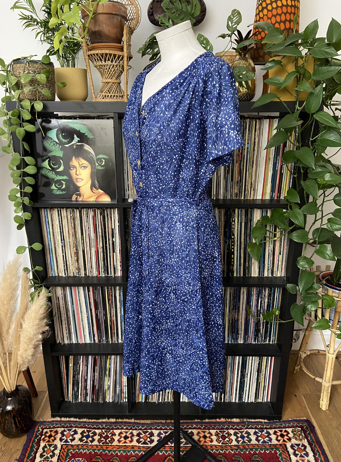 Vintage 1970s Blue Print Dress