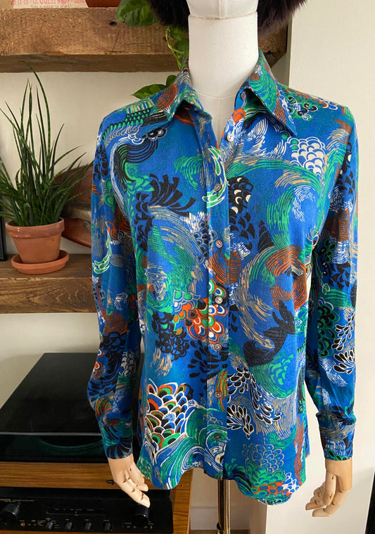 Vintage 1970s Blue Psychedelic Beagle Collar Shirt