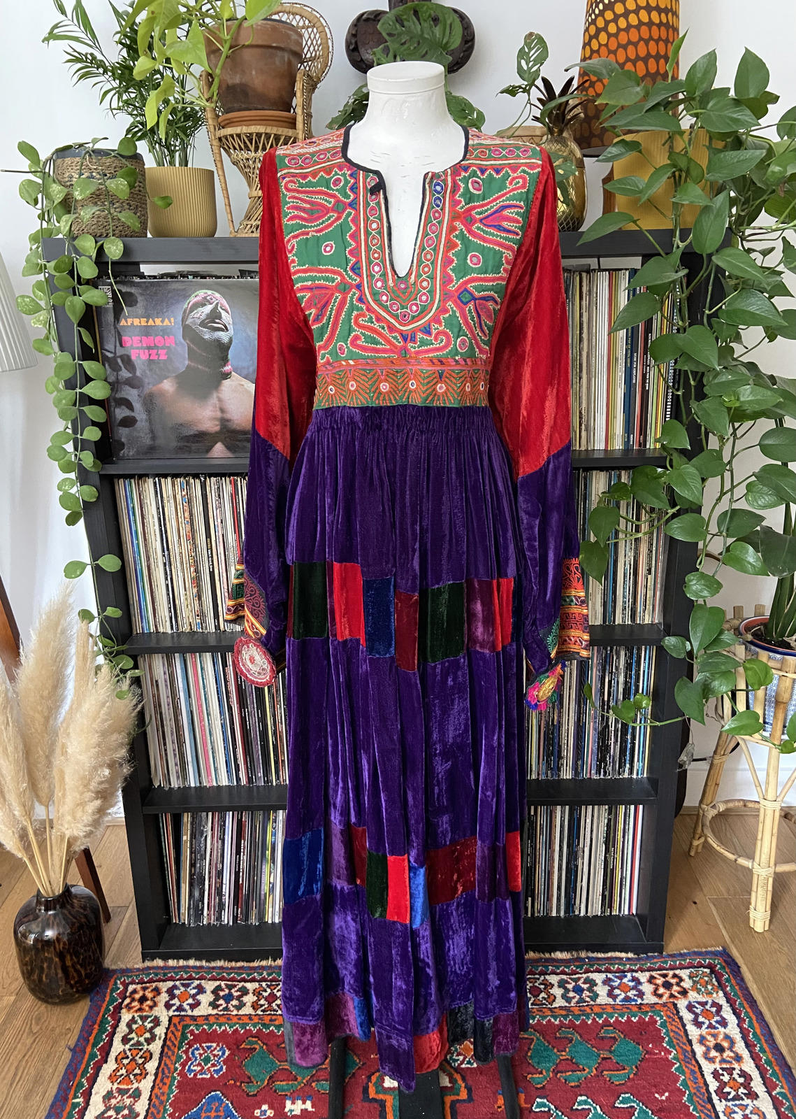 Vintage 1970s Velvet Patchwork Afghan Maxi Dress