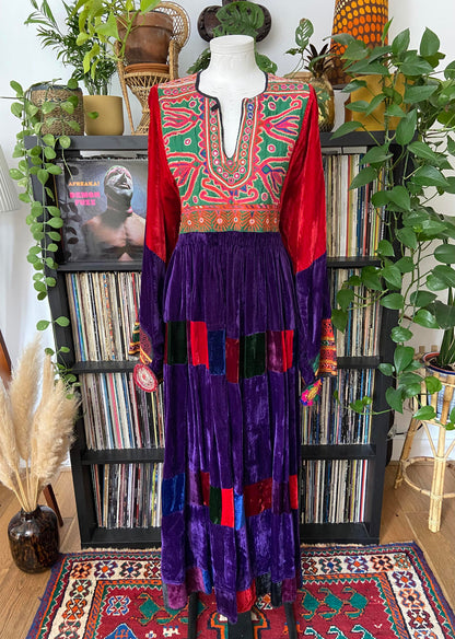 Vintage 1970s Velvet Patchwork Afghan Maxi Dress