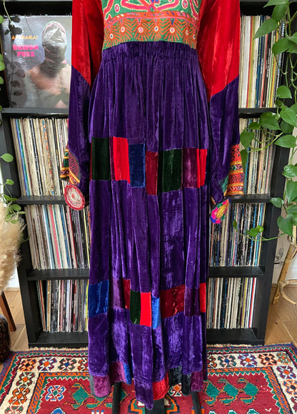 Vintage 1970s Velvet Patchwork Afghan Maxi Dress