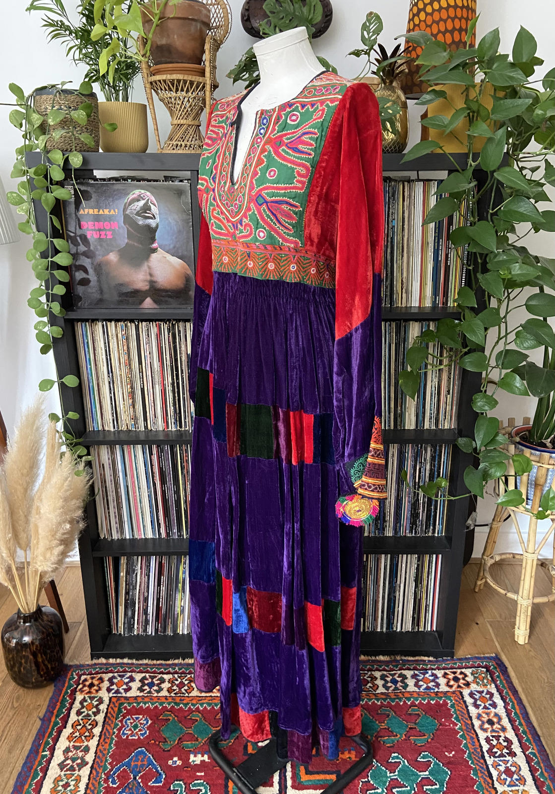 Vintage 1970s Velvet Patchwork Afghan Maxi Dress