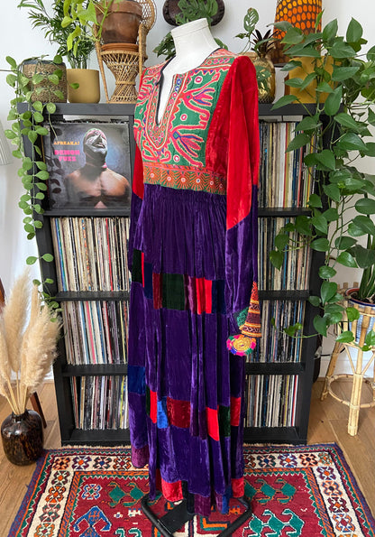 Vintage 1970s Velvet Patchwork Afghan Maxi Dress