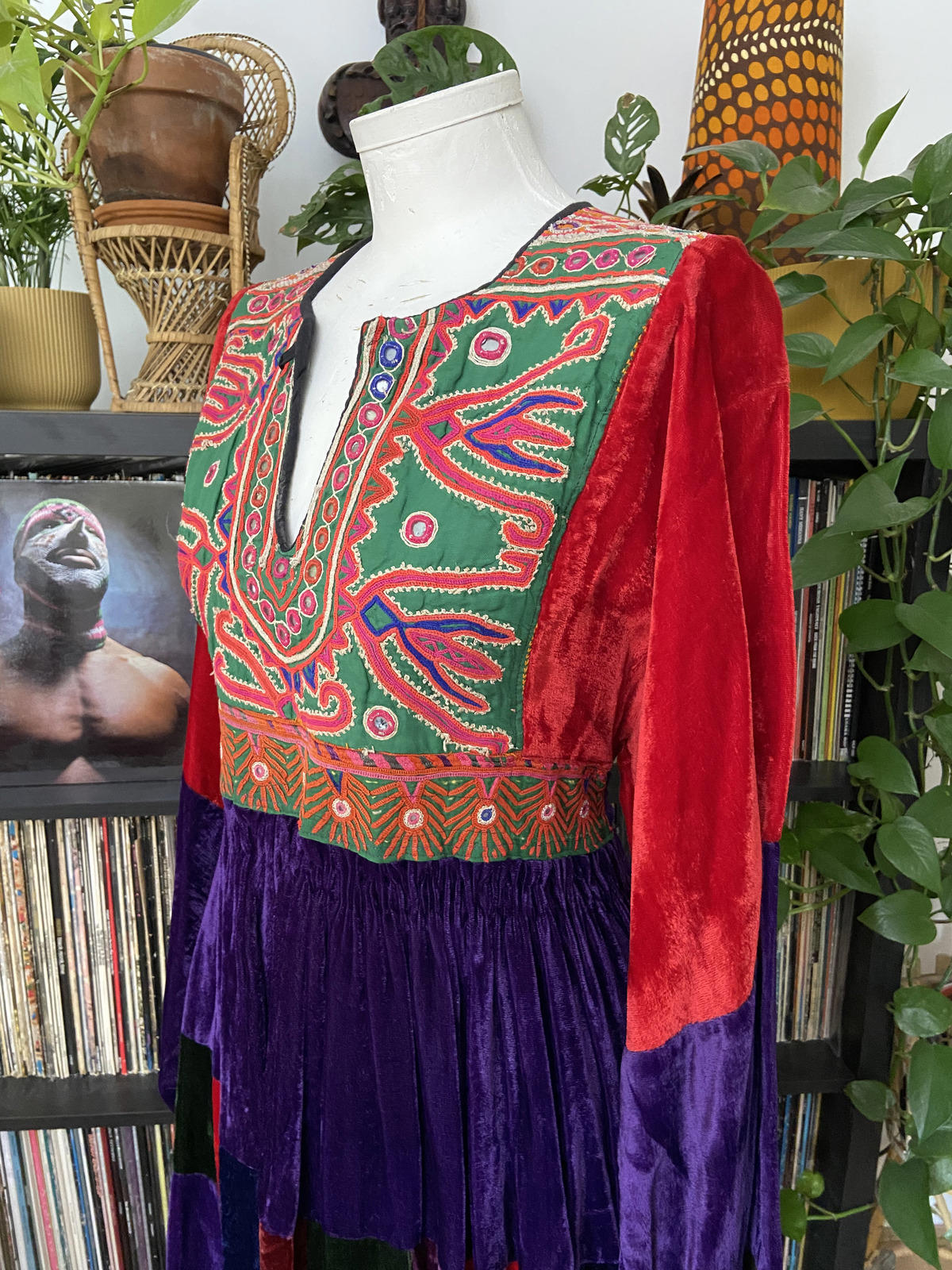 Vintage 1970s Velvet Patchwork Afghan Maxi Dress