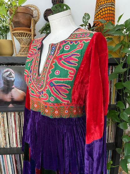 Vintage 1970s Velvet Patchwork Afghan Maxi Dress
