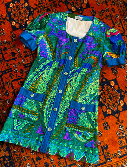 Vintage 1960s Green Psychedelic Mini Dress Tunic