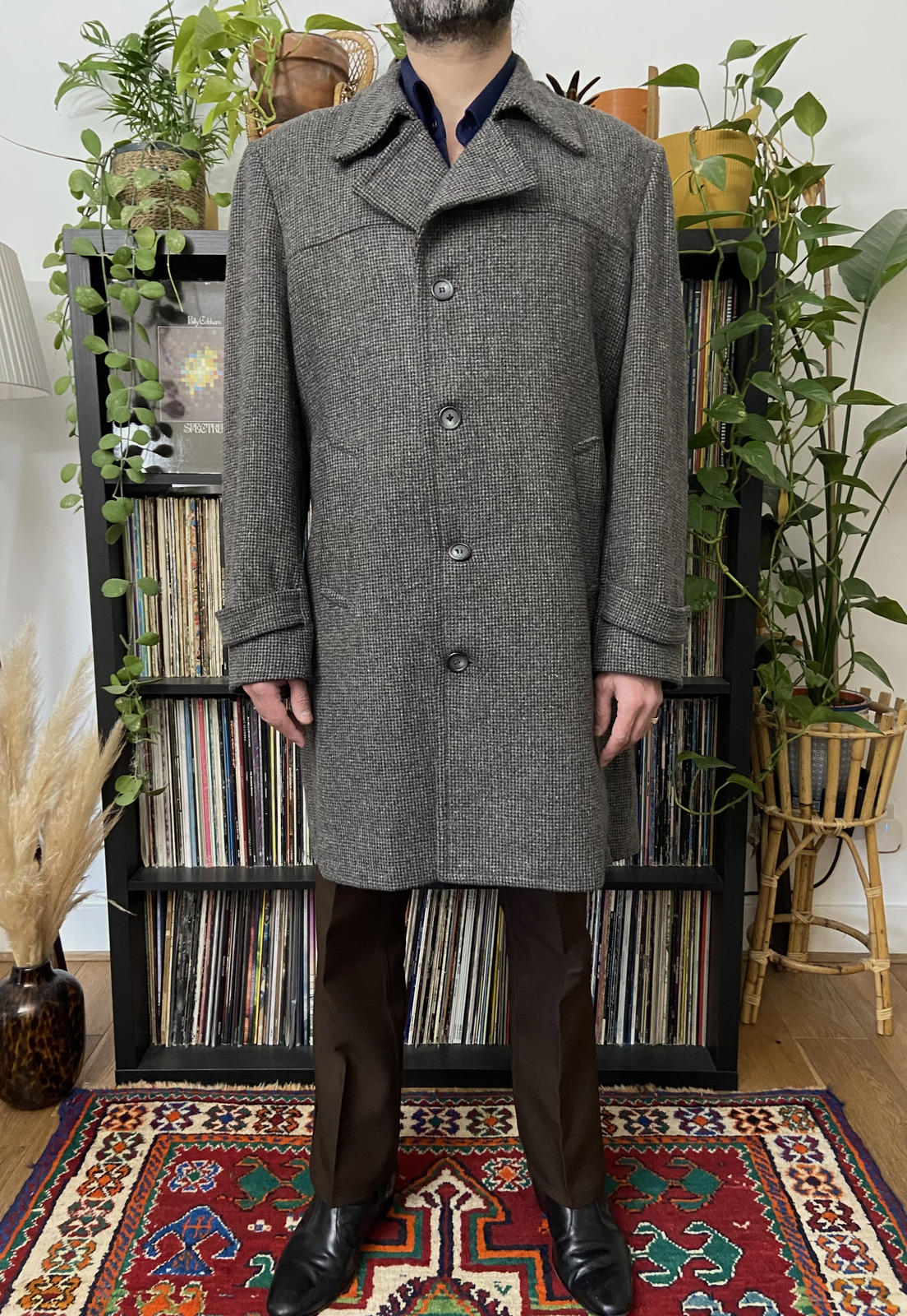 Vintage 1970s Grey Houndstooth Tweed Coat