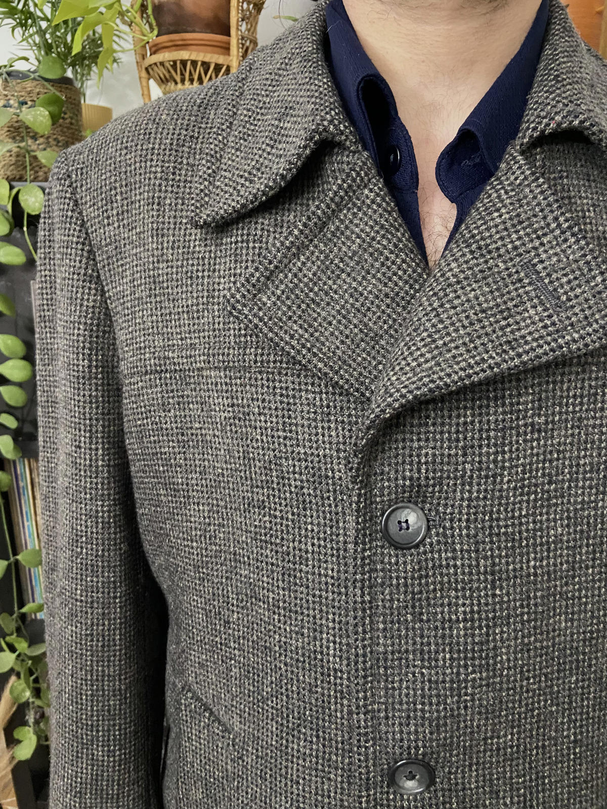 Vintage 1970s Grey Houndstooth Tweed Coat