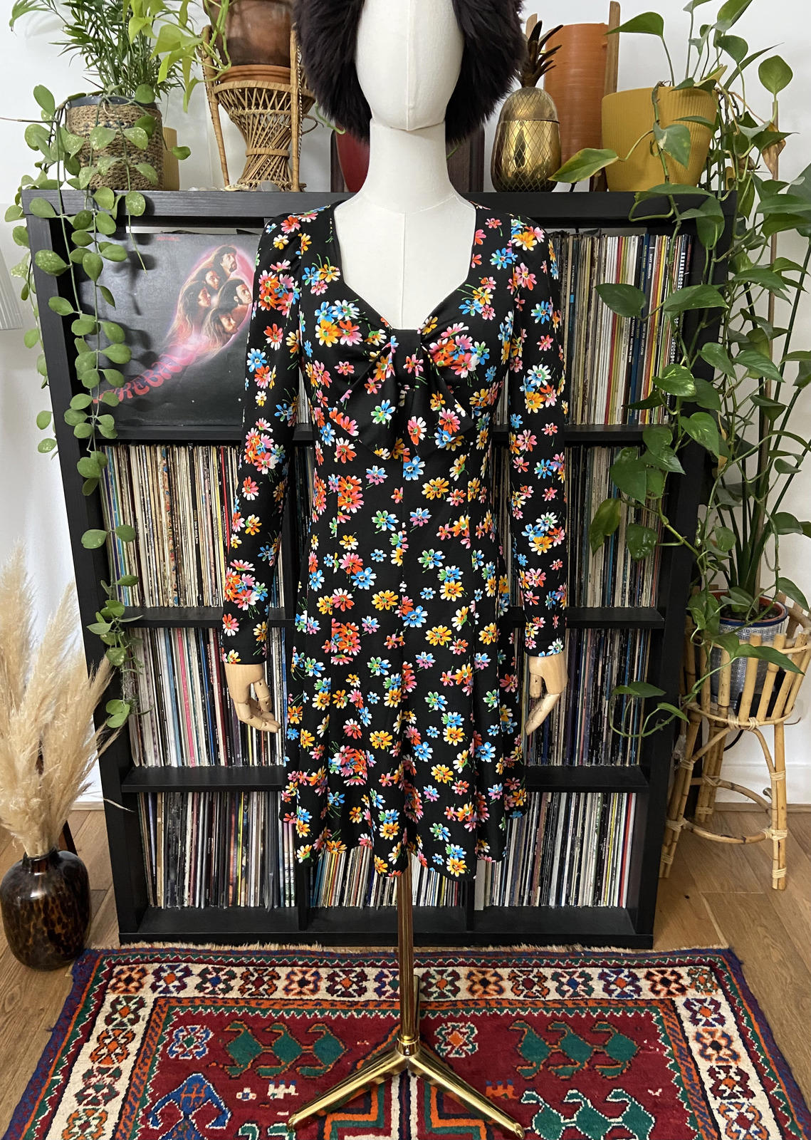 Vintage 1970s Black Floral Mini Dress