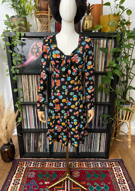 Vintage 1970s Black Floral Mini Dress