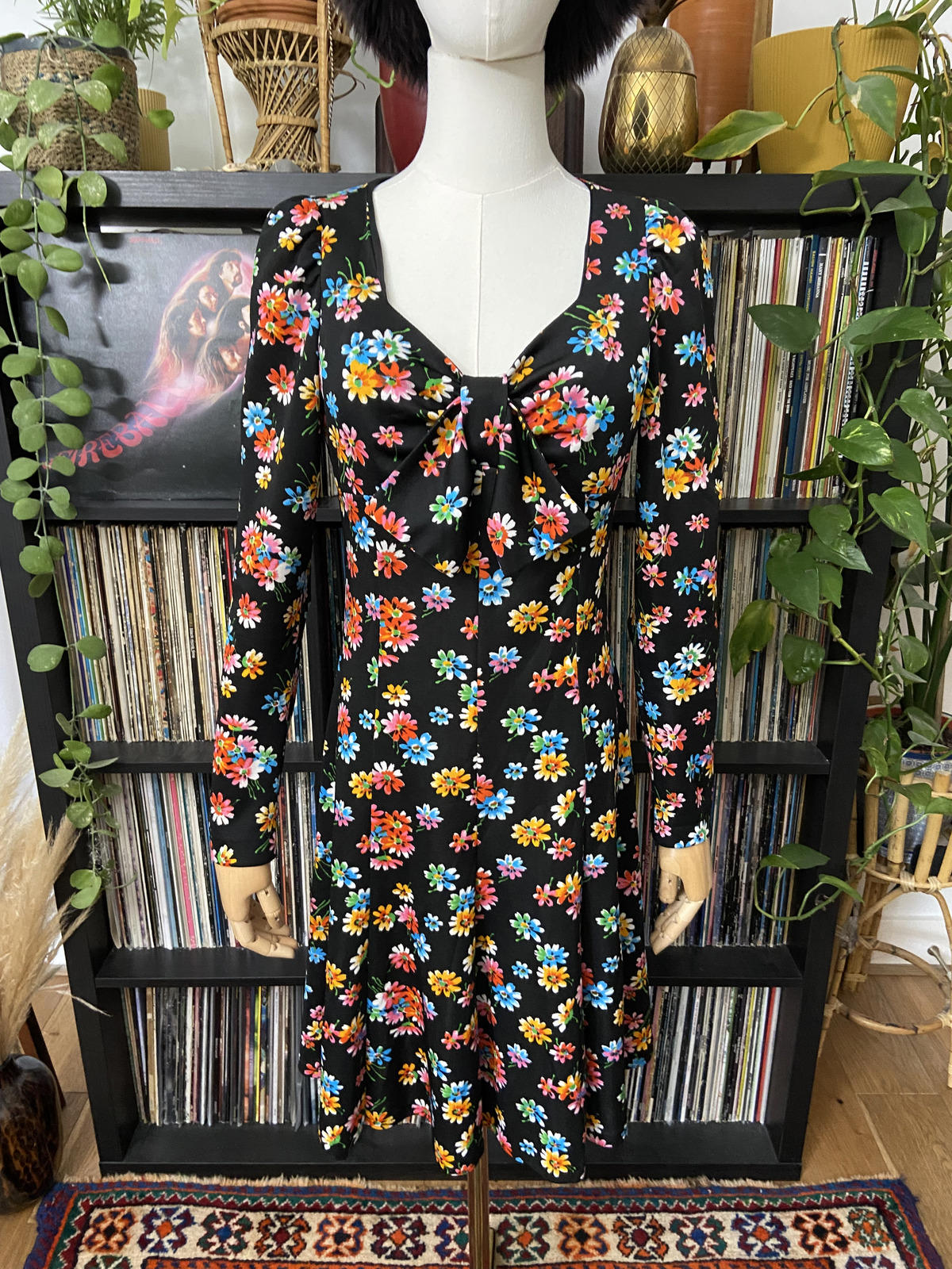 Vintage 1970s Black Floral Mini Dress