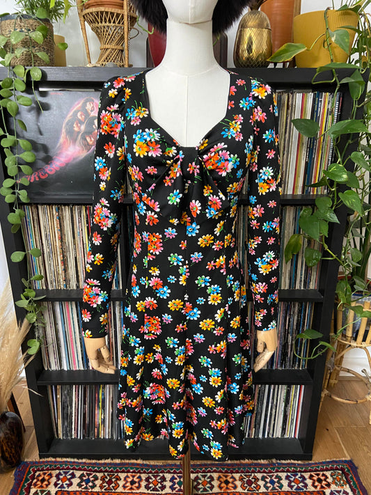 Vintage 1970s Black Floral Mini Dress