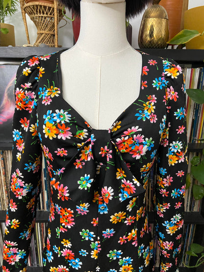 Vintage 1970s Black Floral Mini Dress