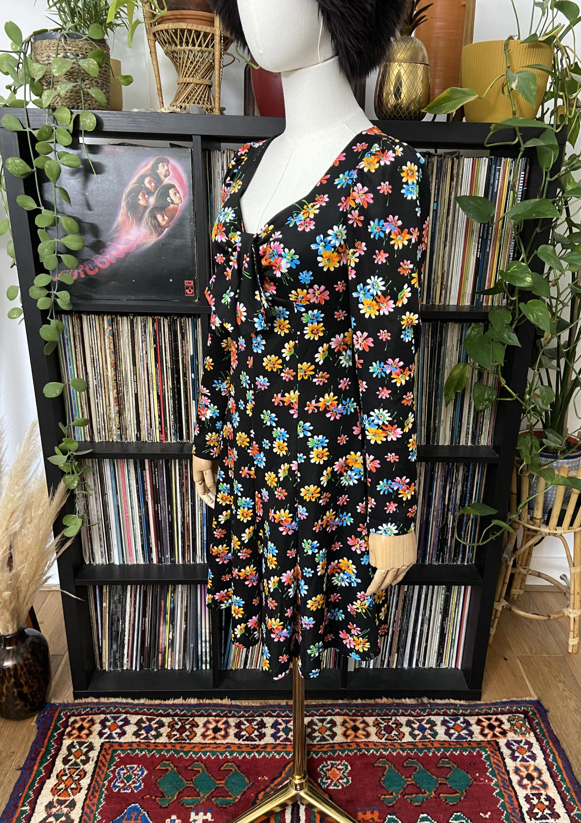 Vintage 1970s Black Floral Mini Dress