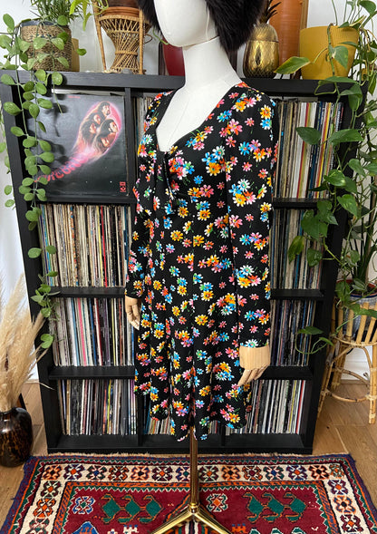 Vintage 1970s Black Floral Mini Dress