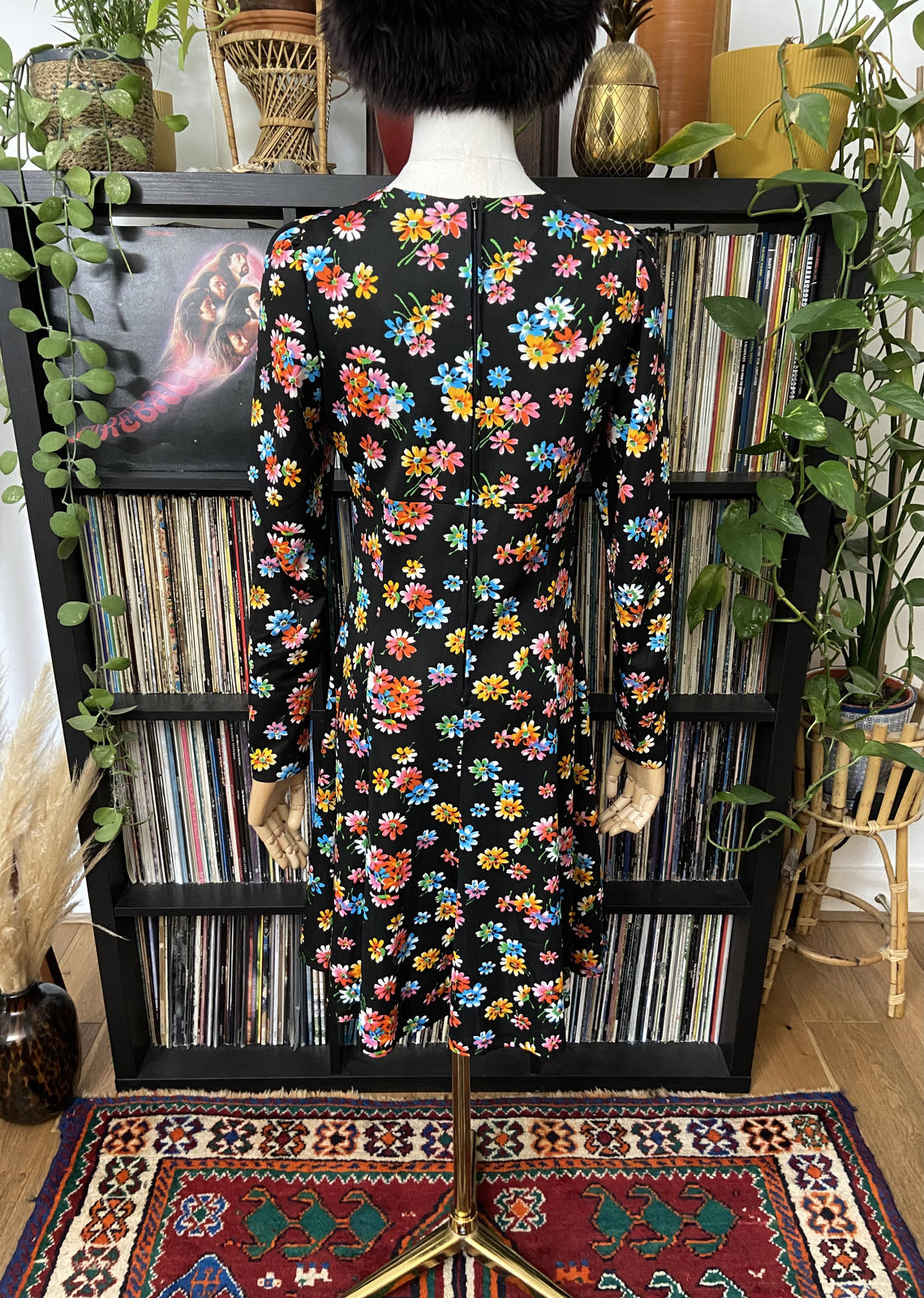 Vintage 1970s Black Floral Mini Dress